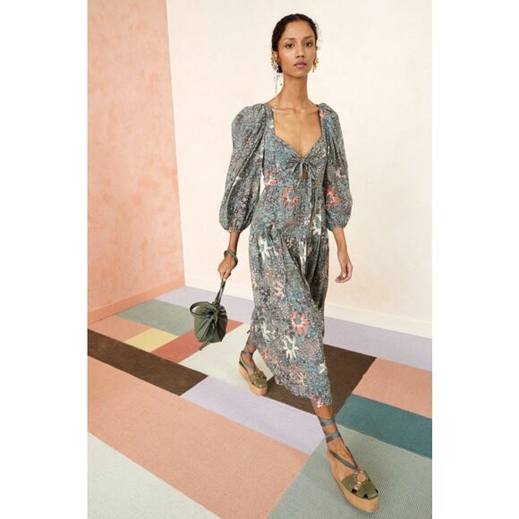 Ulla Johnson Kemala Midi Dress US 4 Malachite Floral Print Milkmaid Celebrity - Picture 3 of 16